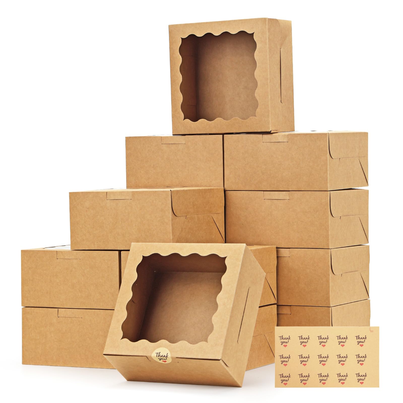 Tomnk 24pcs Bakery Boxes, 6x6x3in Brown Cookie Boxes, Mini Cake Boxes with Window Included Parchment Paper and Stickers